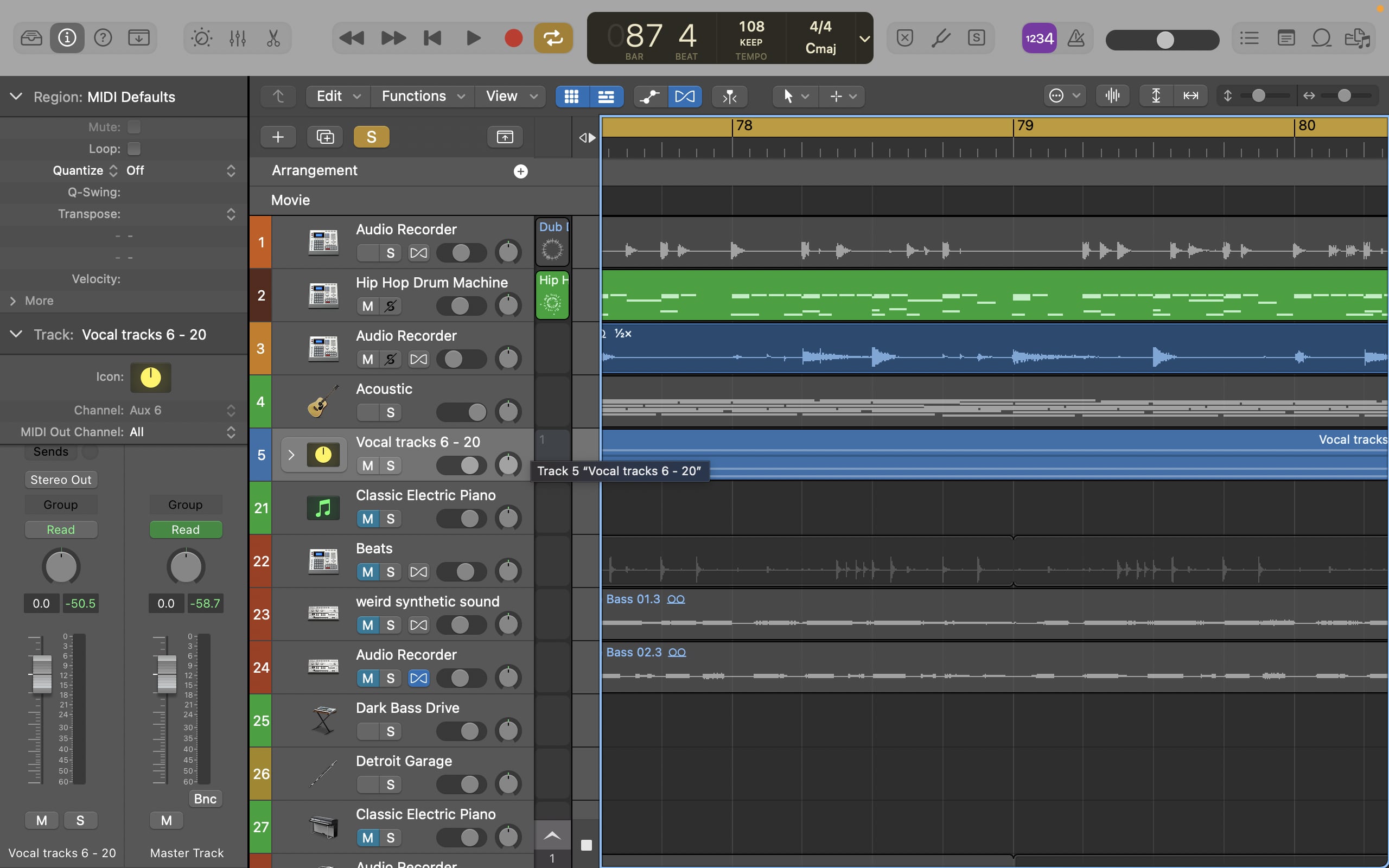 Screenshot of Logic Pro running on a Mac Studio, displaying multiple audio and MIDI tracks, mixer controls on the left, and various colored waveforms and regions in the main timeline for a seamless pro audio workflow.