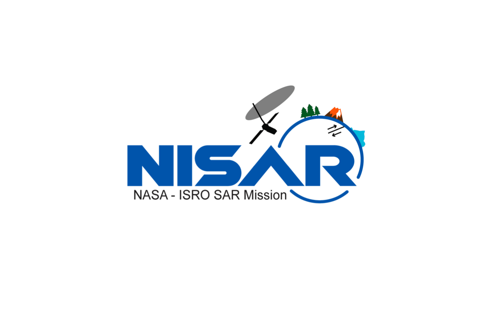 NISAR logo with a satellite and its antenna above the text, the tagline "NASA - ISRO SAR Mission," and illustrations of mountains, trees, and water highlighting Earth observation on a stylized globe.