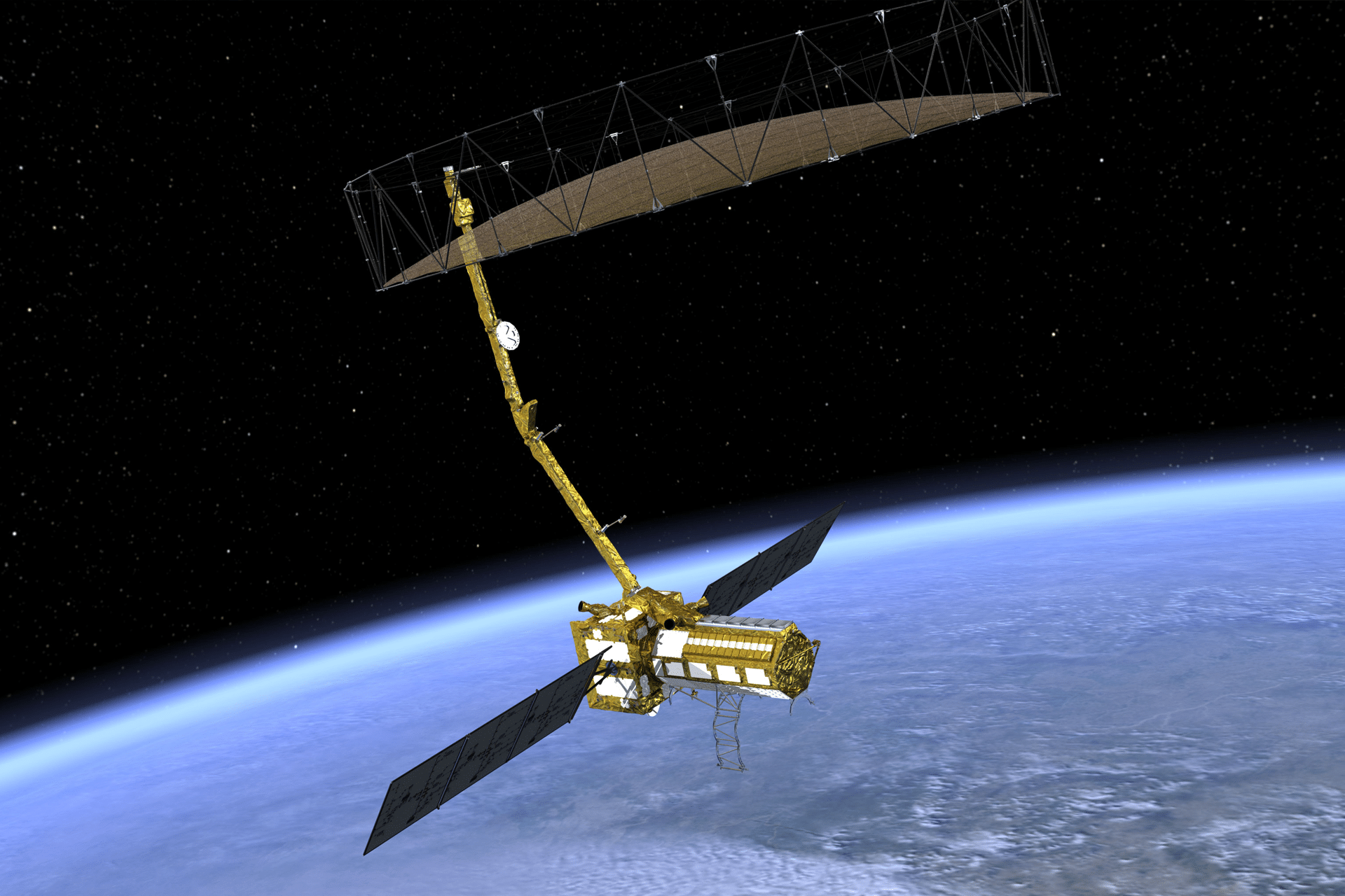 A gold-colored NISAR satellite with large solar panels and a wide radar antenna or reflector orbits above Earth against the dark backdrop of space.