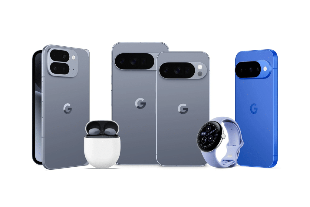 A lineup of Google devices in blue, including three smartphones with Pixel Care+ device protection, a pair of wireless earbuds in an open case, and a smartwatch displaying its screen—all standing on a white background.