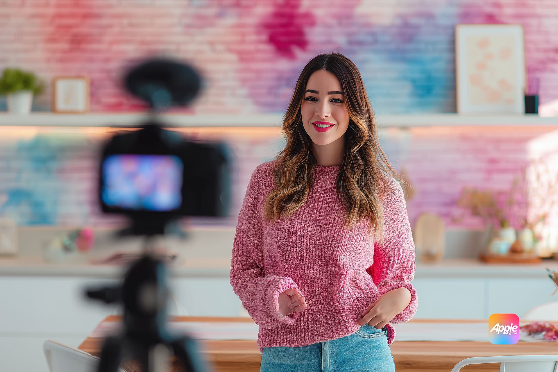 A young woman with long hair, wearing a pink sweater and jeans, stands smiling in front of a camera in a bright, modern room with colorful, abstract art on the wall—an inspiring scene for content creators. An Apple logo is visible in the corner.