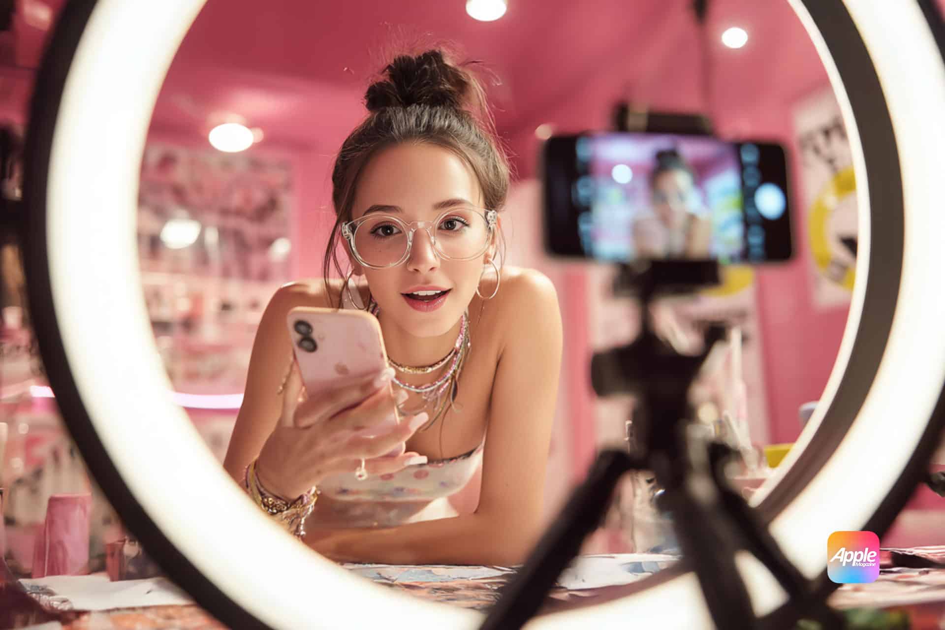 A young woman with glasses and a topknot hairstyle looks at the camera while filming herself with a smartphone on a tripod, surrounded by a ring light in a pink room—perfect for influencers and content creators sharing their vlogs.