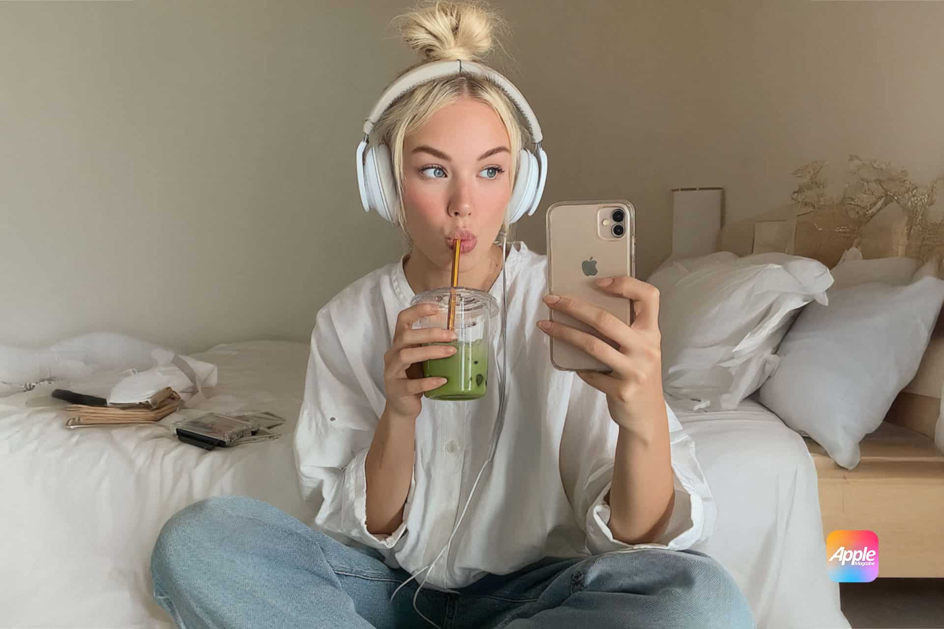 A young woman with headphones sits cross-legged on a bed, sipping a green drink from a jar and taking a selfie with her phone. Perfect for content creators, she wears a white shirt and jeans. The Apple logo is visible in the corner.