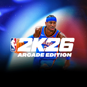 A basketball player in a blue jersey dribbles a ball, vibrant light effects behind him. The text "NBA 2K26 Arcade Edition" highlights this NBA 2K26 mobile game, perfect for fans on NBA 2K26 Apple Arcade.