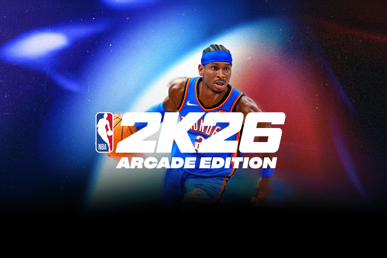 A basketball player in a blue jersey dribbles a ball, vibrant light effects behind him. The text "NBA 2K26 Arcade Edition" highlights this NBA 2K26 mobile game, perfect for fans on NBA 2K26 Apple Arcade.
