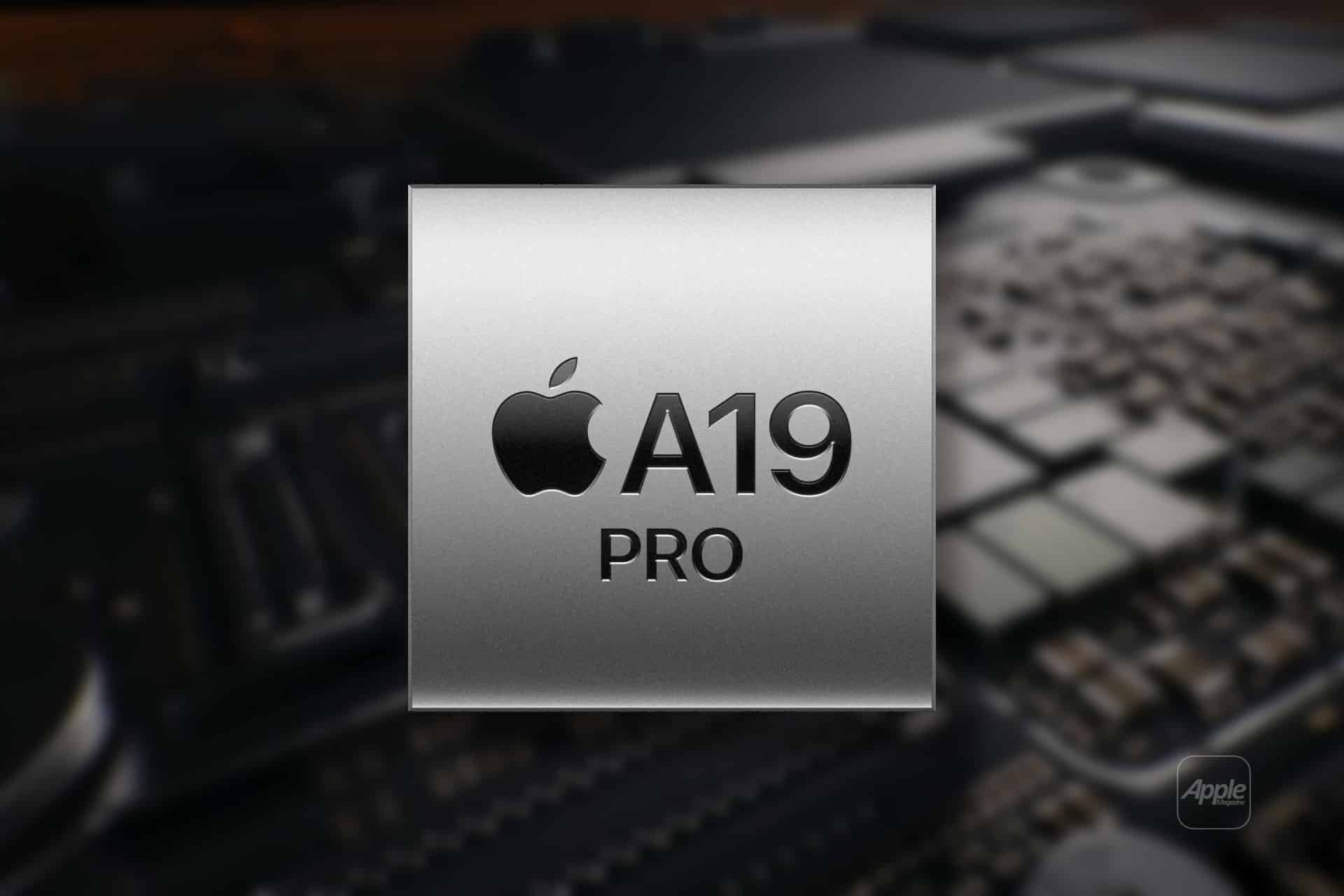 A metallic chip labeled "Apple A19 Pro" is displayed in focus, with a blurred background depicting intricate electronic components on a circuit board.