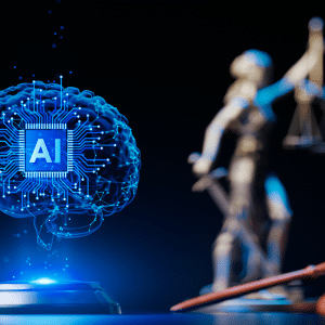A glowing digital brain with a microchip labeled "AI" is displayed next to a blurred statue of Lady Justice and a judge’s gavel, symbolizing how regulators of AI therapy apps shape the role of artificial intelligence in the legal system.