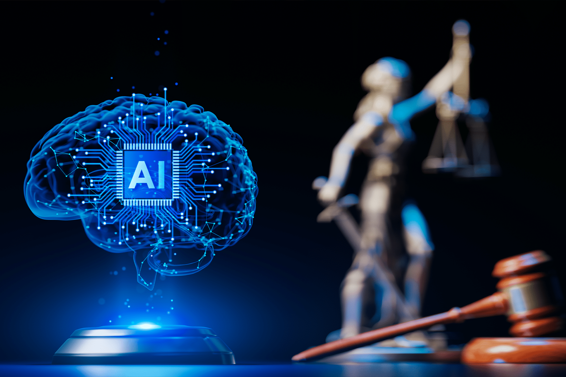 A glowing digital brain with a microchip labeled "AI" is displayed next to a blurred statue of Lady Justice and a judge’s gavel, symbolizing how regulators of AI therapy apps shape the role of artificial intelligence in the legal system.