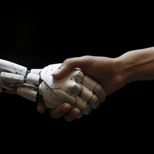 A human hand and a robotic hand are shaking hands against a black background, symbolizing collaboration between humans and technology like AI therapy apps.