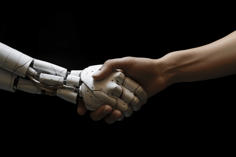 A human hand and a robotic hand are shaking hands against a black background, symbolizing collaboration between humans and technology like AI therapy apps.