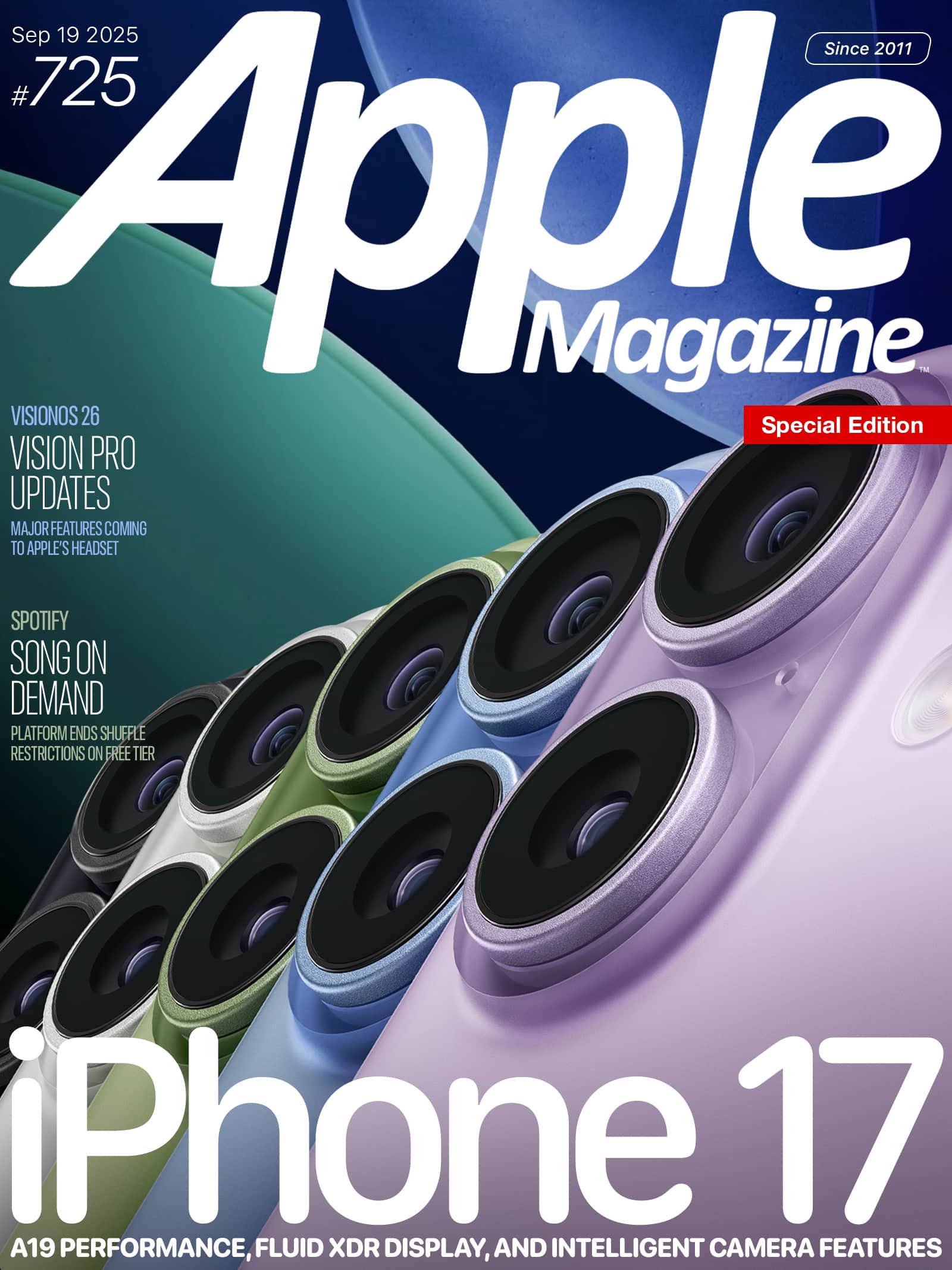 Cover of Apple Magazine, Special Edition, featuring close-up iPhone 17 cameras in various colors. Text highlights topics like Vision Pro updates, Spotify restrictions, and iPhone 17 features. Issue dated September 19, 2025.