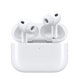 A pair of white wireless earbuds in an open AirPods Pro 3 case with a small green indicator light on the front, featuring advanced tracking and the new U2 chip for seamless connectivity.