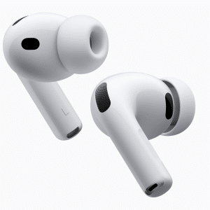 Two white wireless earbuds with silicone ear tips, shown on a plain white background. These sleek, glossy AirPods Pro 3 feature small black speaker grills, charging contacts, and advanced noise-canceling technology.
