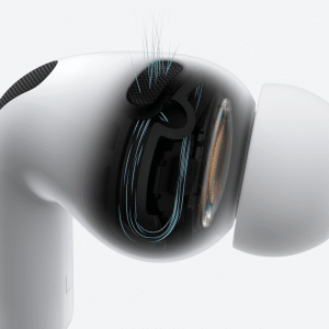 A close-up of a white wireless earbud, resembling Apple’s noise-canceling earbuds, with a partially transparent casing that reveals its internal components and airflow lines, highlighting the ear tip and mesh areas.