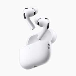 A pair of white AirPods Pro 3 wireless earbuds with black accents are shown above an open white charging case, all set against a plain white background—perfect for seamless audio and features like live language translation from Apple.