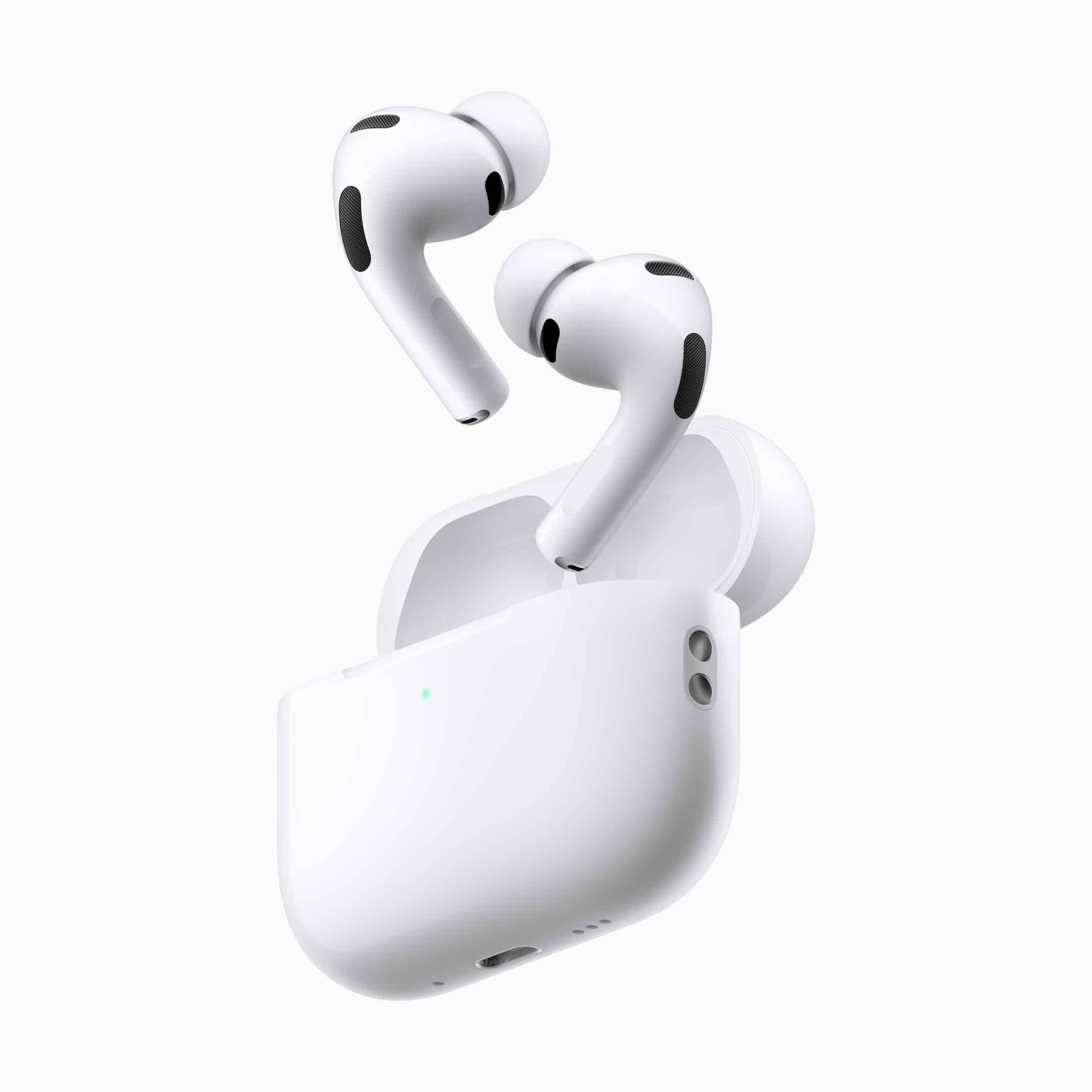 A pair of white AirPods Pro 3 wireless earbuds with black accents are shown above an open white charging case, all set against a plain white background—perfect for seamless audio and features like live language translation from Apple.