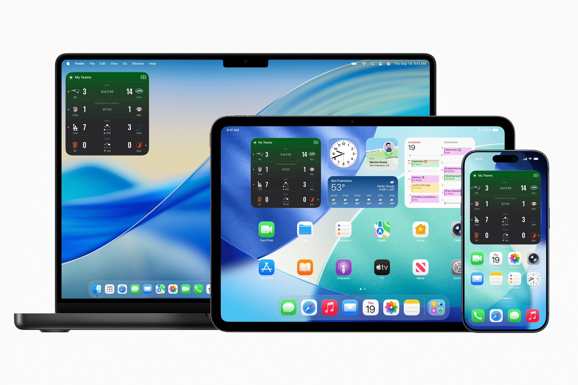 A MacBook, iPad, and iPhone display their screens with colorful app icons and widgets, including the Apple Sports App, calendar, and weather widget, all arranged on a white background for an enhanced fan experience.