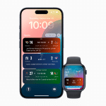 An iPhone and Apple Watch display sports scores and updates via colorful widgets; the iPhone screen highlights NFL, MLB, and college football scores with the Apple Sports App, while the Apple Watch shows the time and date.