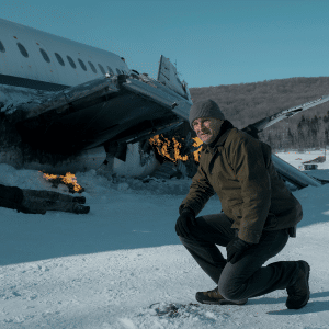 A man in winter clothing kneels in the snow near a crashed airplane with burning wreckage, surrounded by snow-covered trees and hills. Small fires mark the crash site as he faces a harsh survival challenge in Alaska's Last Frontier.