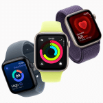 Three Apple Watches with different colored bands showcase health innovations like sleep score, activity rings, and heart rate—all new features on the Apple Watch 2025—displayed against a clean white background.