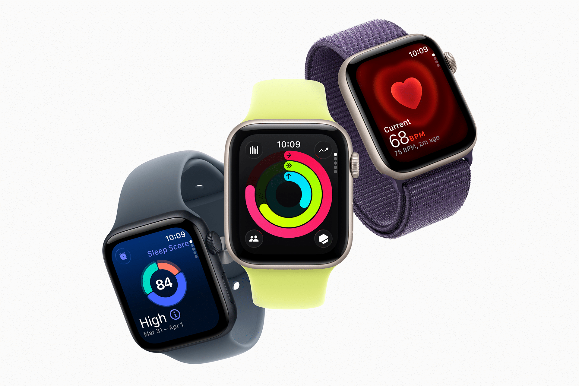 Three Apple Watches with different colored bands showcase health innovations like sleep score, activity rings, and heart rate—all new features on the Apple Watch 2025—displayed against a clean white background.
