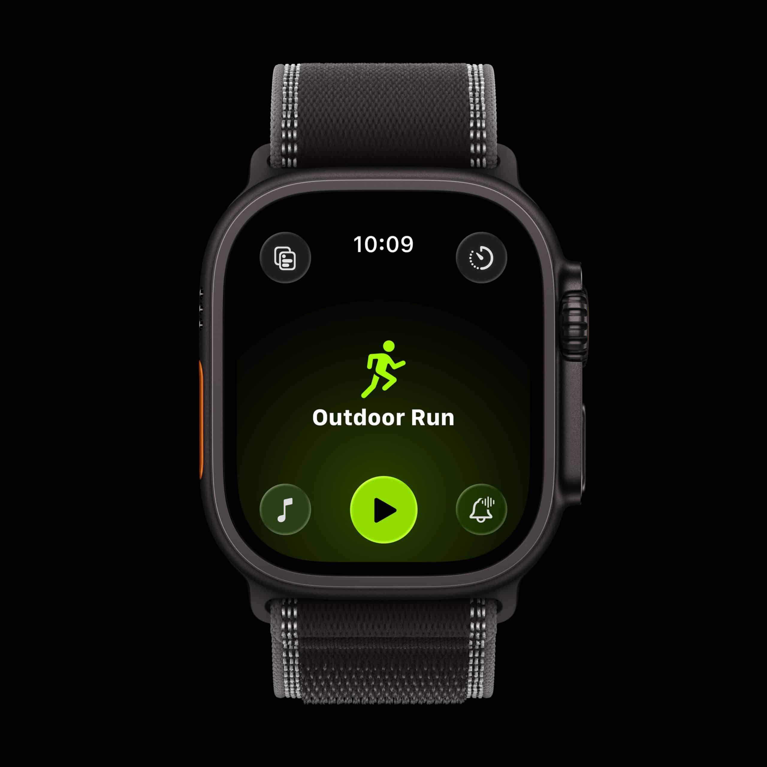 A smartwatch screen displaying an "Outdoor Run" workout mode with a green play button, running icon, and options for music and notifications. The time shown is 10:09. The watch has a black band.