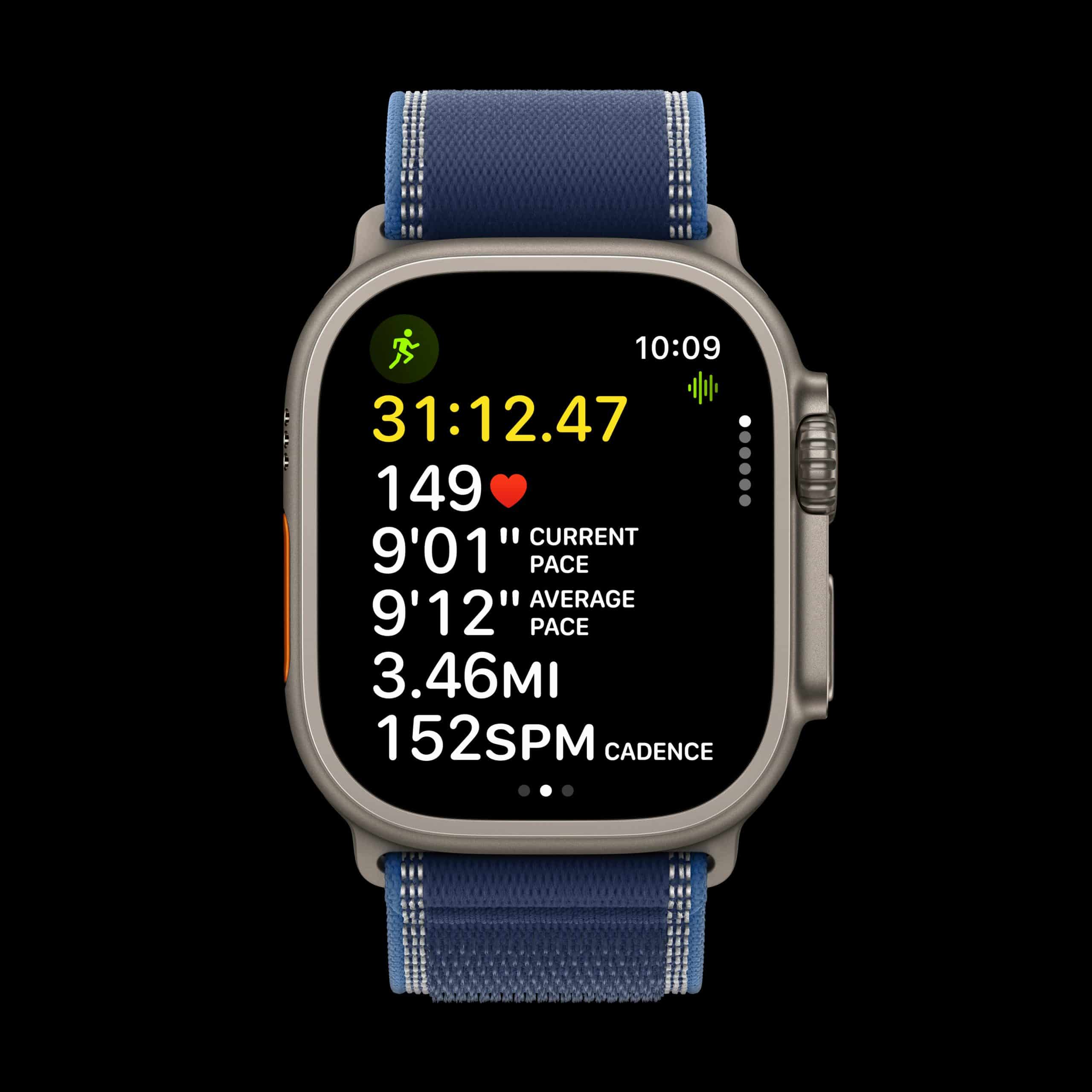 A smartwatch displays workout stats: elapsed time 31:12.47, heart rate 149 bpm, current and average pace 9'01" and 9'12" per mile, distance 3.46 miles, and cadence 152 SPM. Blue strap, black background.