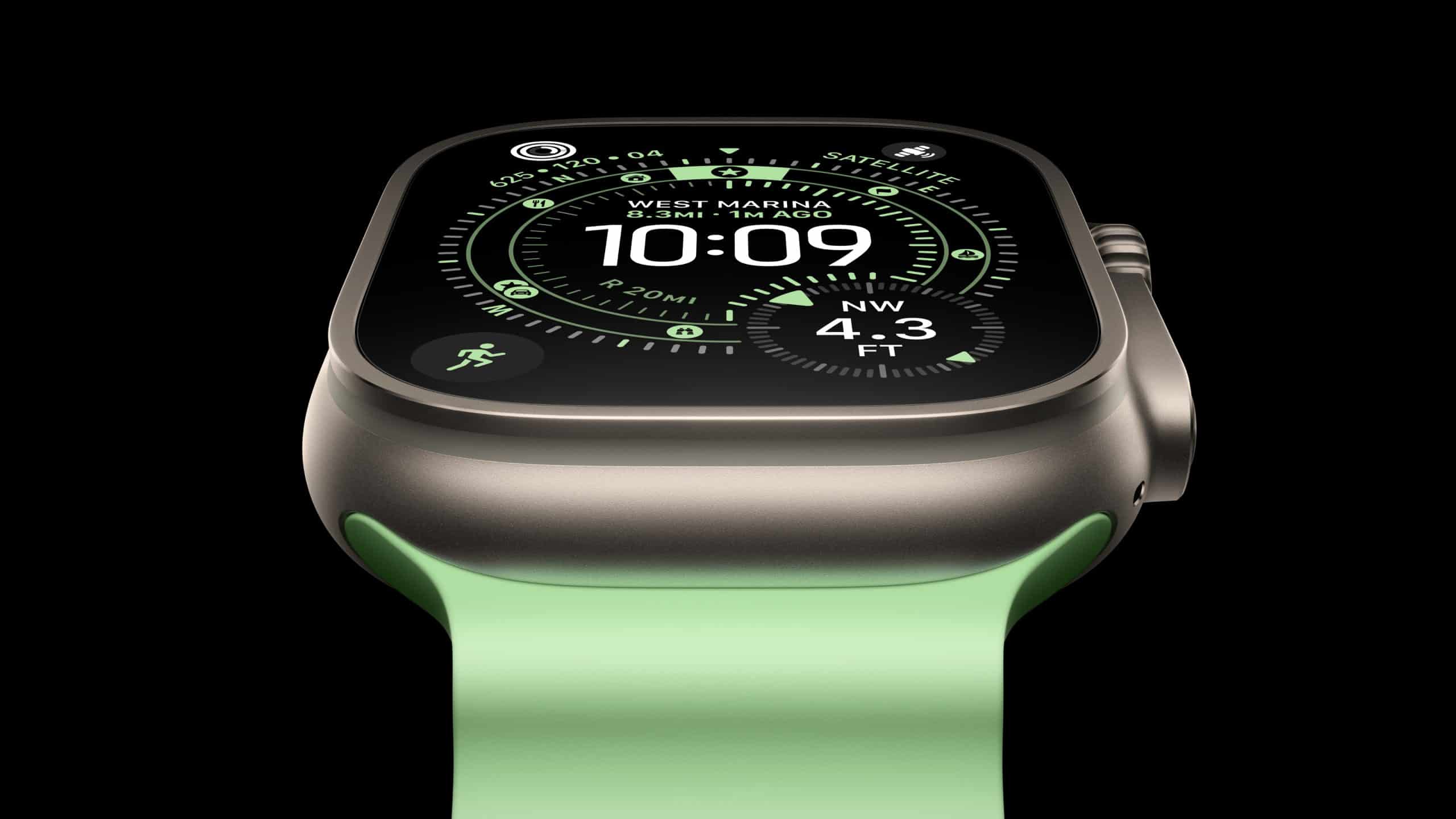 A smartwatch with a green band displays a GPS navigation interface, showing the time as 10:09, the direction NW, altitude 4.3 ft, and satellite connectivity, on a black background.