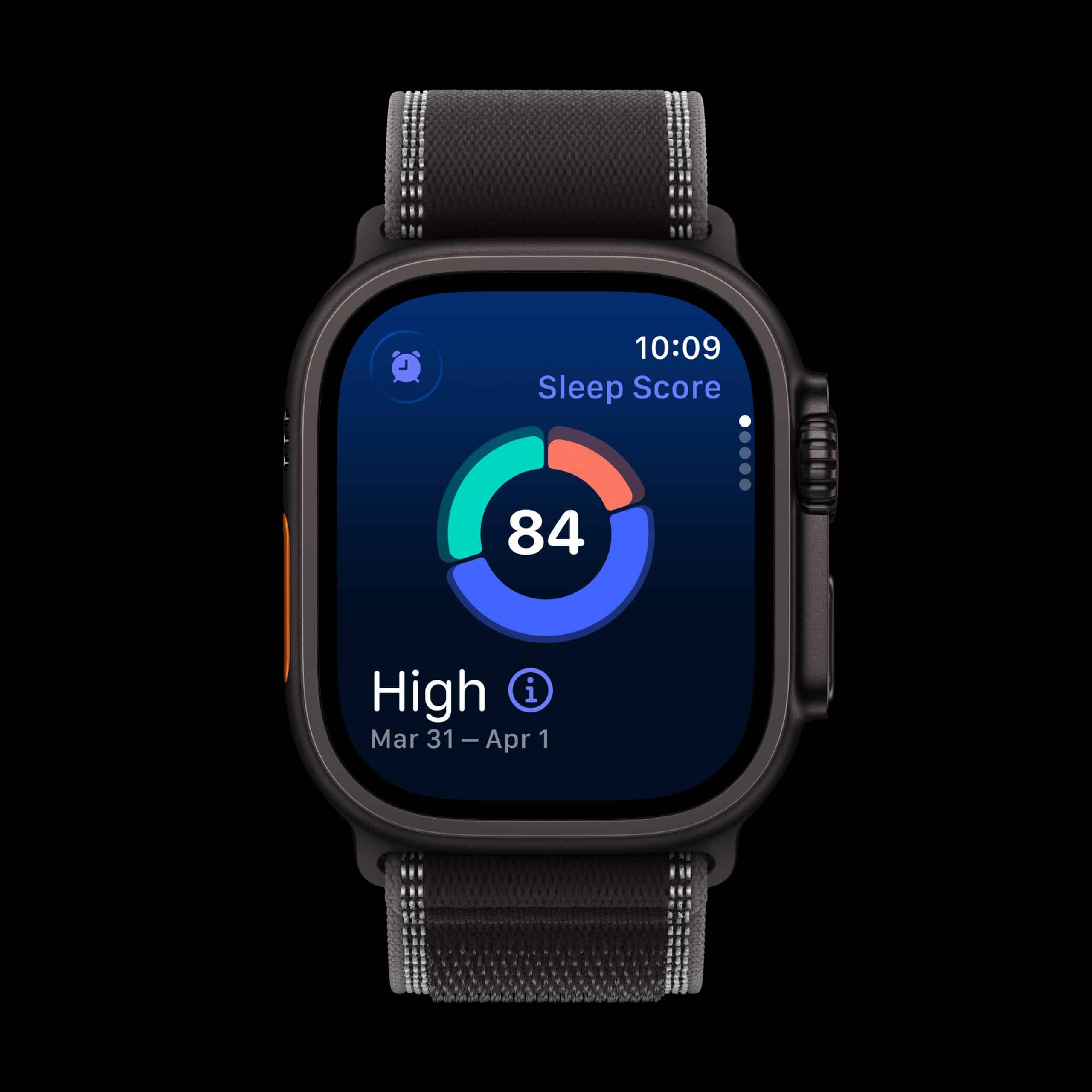 A smartwatch screen displays a sleep score of 84 with a circular graph. The score is labeled “High,” and the date range shown is March 31 to April 1. The current time displayed is 10:09.