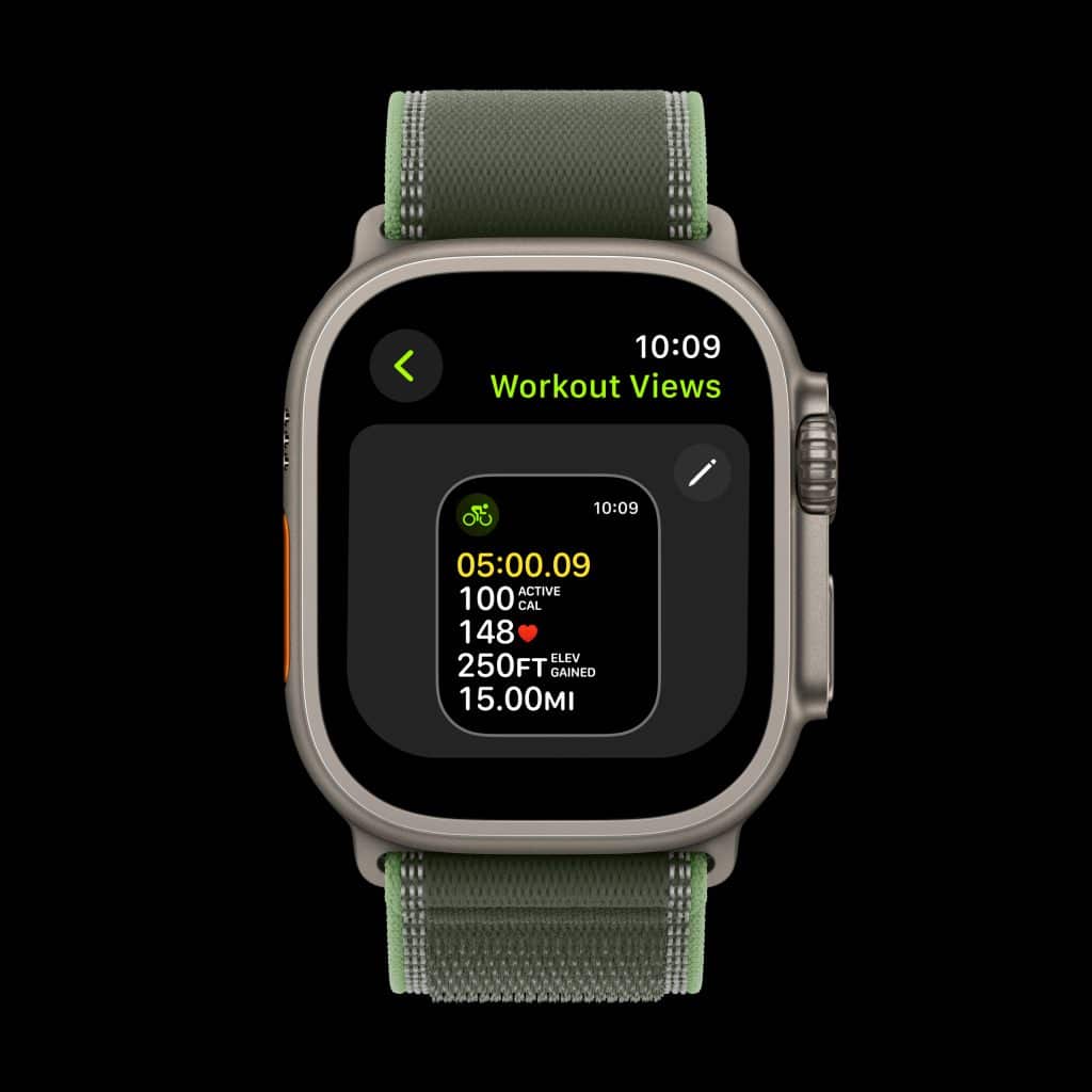 A smartwatch displays a workout summary with stats: 5 hours, 9 minutes duration, 100 active calories, 148 total calories, 250 feet elevation gained, and 15 miles distance. The watch has a green and gray band.