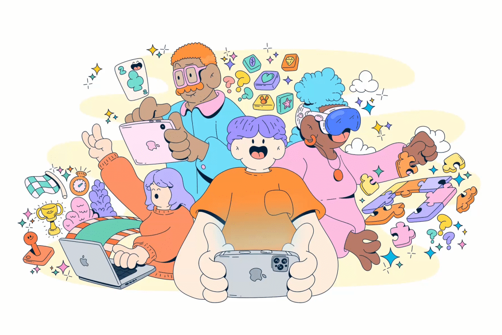 A diverse group of four people uses various tech devices—laptop, tablet, VR headset, and smartphone—surrounded by colorful digital icons, representing creativity, connection, technology, and the fun of discovering the best Apple Arcade games together.
