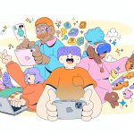 A diverse group of four people uses various tech devices—laptop, tablet, VR headset, and smartphone—surrounded by colorful digital icons, representing creativity, connection, technology, and the fun of discovering the best Apple Arcade games together.