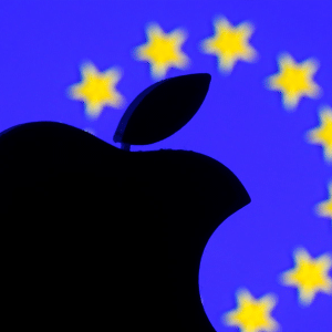A black silhouette of the Apple logo is seen in front of a blue background featuring yellow stars in a circle, resembling the EU flag—hinting at themes from the Digital Markets Act.