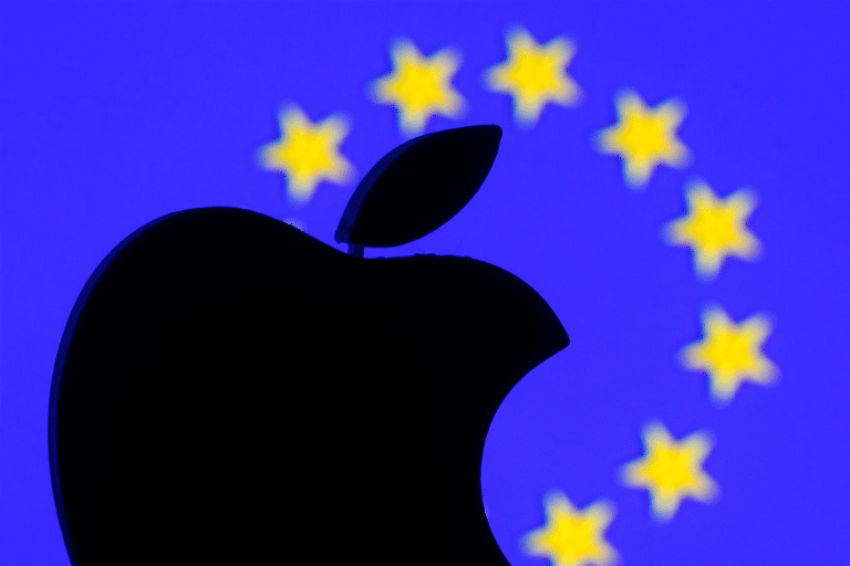 A black silhouette of the Apple logo is seen in front of a blue background featuring yellow stars in a circle, resembling the EU flag—hinting at themes from the Digital Markets Act.