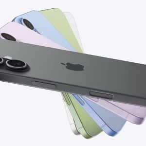 T-Mobile Starlink satellite service apps support. A fan-like arrangement of five iPhone 17 models in black, yellow, pink, green, and blue showcases the back side and dual camera design against a plain light background.