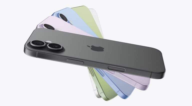 T-Mobile Starlink satellite service apps support. A fan-like arrangement of five iPhone 17 models in black, yellow, pink, green, and blue showcases the back side and dual camera design against a plain light background.