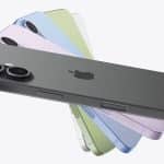 Five iPhones, including the new iPhone 17, fan out to display an array of colors: black, yellow, pink, blue, and green. Each phone features dual rear cameras and the iconic Apple logo.