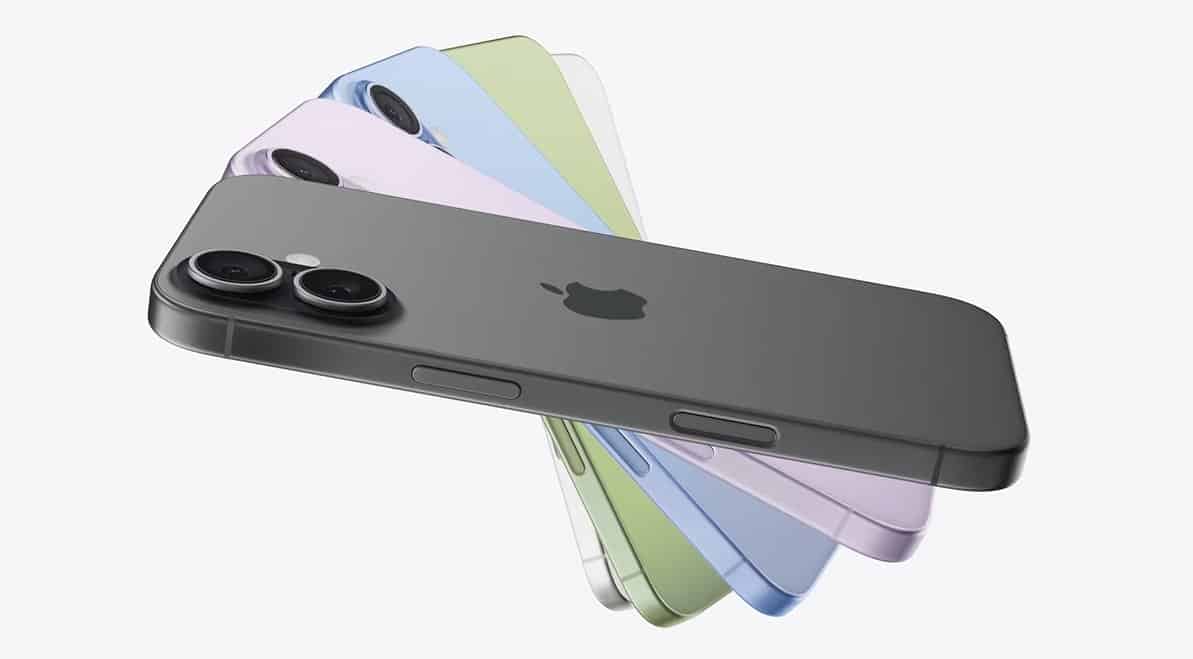 Five iPhones, including the new iPhone 17, fan out to display an array of colors: black, yellow, pink, blue, and green. Each phone features dual rear cameras and the iconic Apple logo.