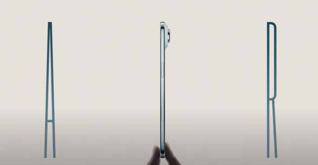 A hand holds a thin tablet vertically, shown from the side. The word "AIR" is split, with "A" on the left and "R" on the right, highlighting the iPhone Air's premium design and Apple’s thinnest smartphone profile.