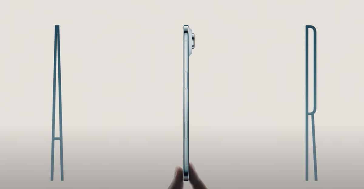 A hand holds a thin tablet vertically, shown from the side. The word "AIR" is split, with "A" on the left and "R" on the right, highlighting the iPhone Air's premium design and Apple’s thinnest smartphone profile.