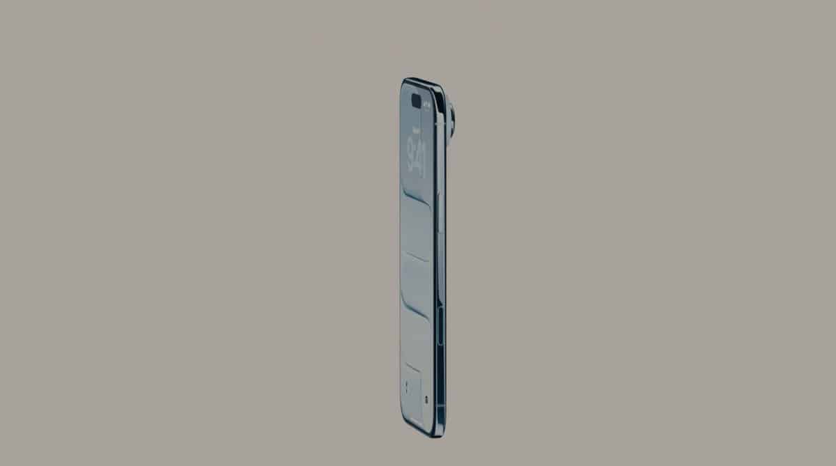A premium design Apple smartphone with a transparent screen and visible internal components is displayed standing upright against a plain gray background.