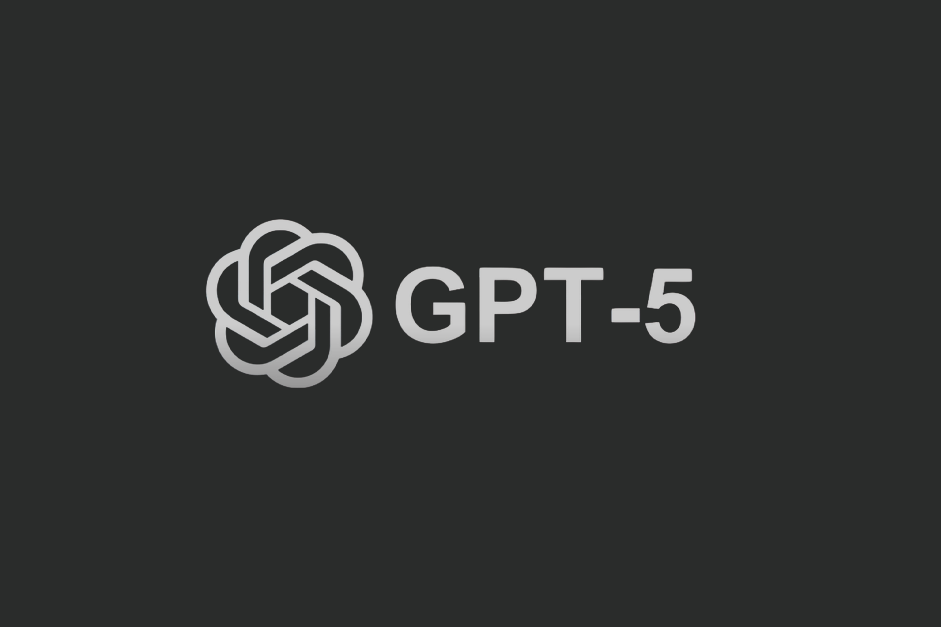 A gray geometric knot logo sits beside the text "GPT-5" on a dark background, symbolizing advanced OpenAI GPT-5 capabilities.