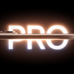 A smartphone viewed from the side, highlighting its slim profile and buttons, with the word "Pro" glowing in large letters behind it on a black background.