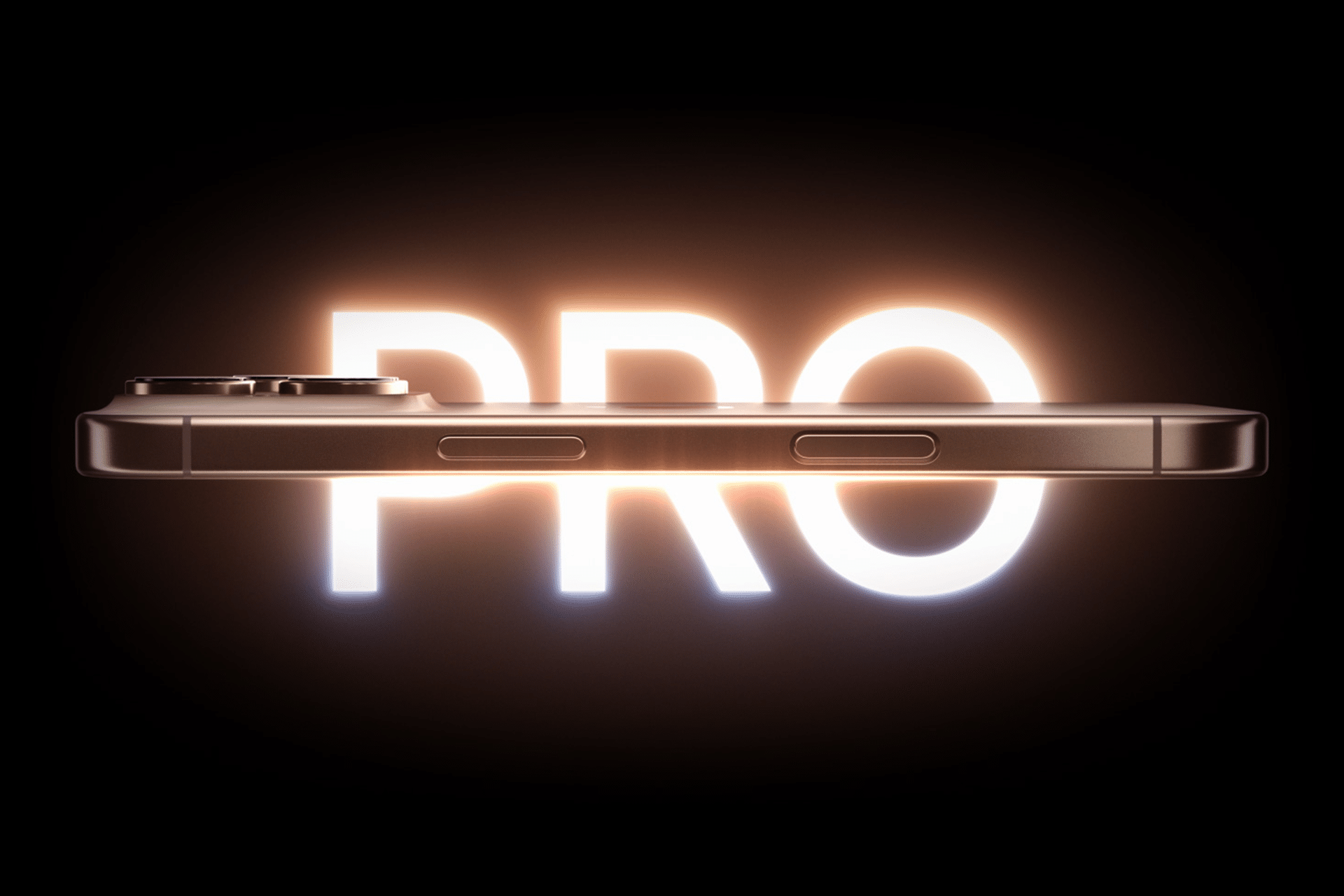 A smartphone viewed from the side, highlighting its slim profile and buttons, with the word "Pro" glowing in large letters behind it on a black background.