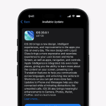 An iPhone screen displays the "Available Update" page for iOS 26.0.1, highlighting new features, improvements, a 4.97 GB file size, and update notes detailing the fix for the iPhone cell network bug.