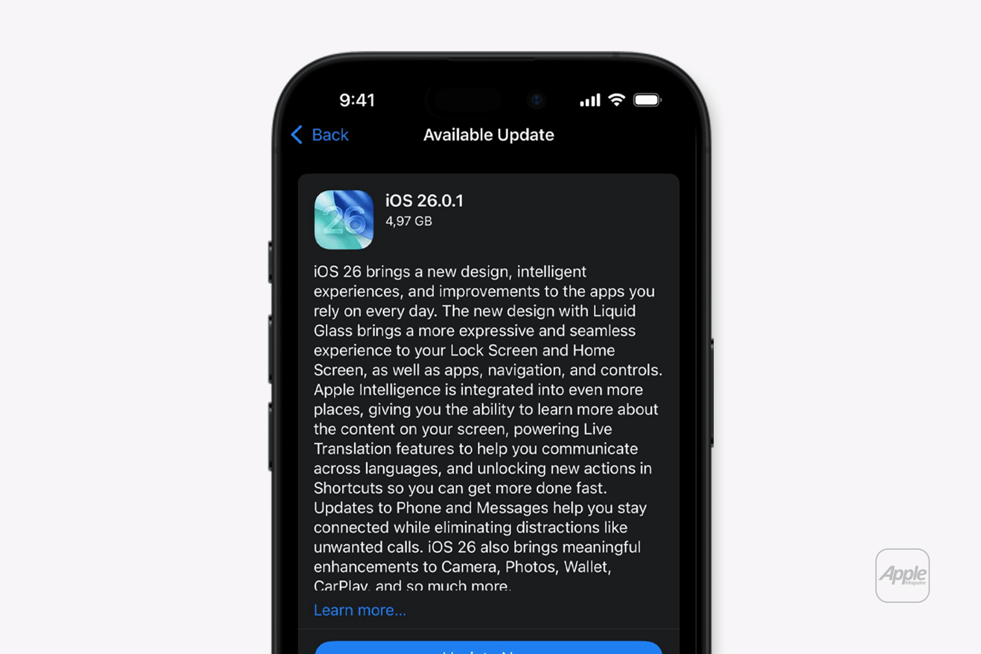 An iPhone screen displays the "Available Update" page for iOS 26.0.1, highlighting new features, improvements, a 4.97 GB file size, and update notes detailing the fix for the iPhone cell network bug.