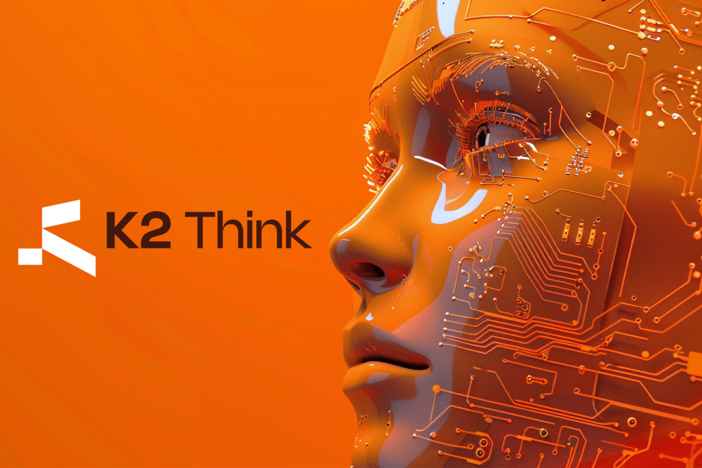 A digital illustration of a human face with circuit patterns on an orange background, next to the "K2 Think" logo, symbolizes AI reasoning model innovation and technology integration in the UAE.