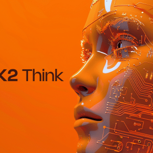 A digital illustration of a human face with circuit patterns on an orange background, next to the "K2 Think" logo, symbolizes AI reasoning model innovation and technology integration in the UAE.