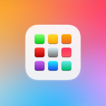 A white rounded square icon with a 4x4 grid of colorful squares on a vibrant gradient background; a small translucent Apple logo is in the bottom right corner, evoking the look of the macOS Tahoe Launchpad.