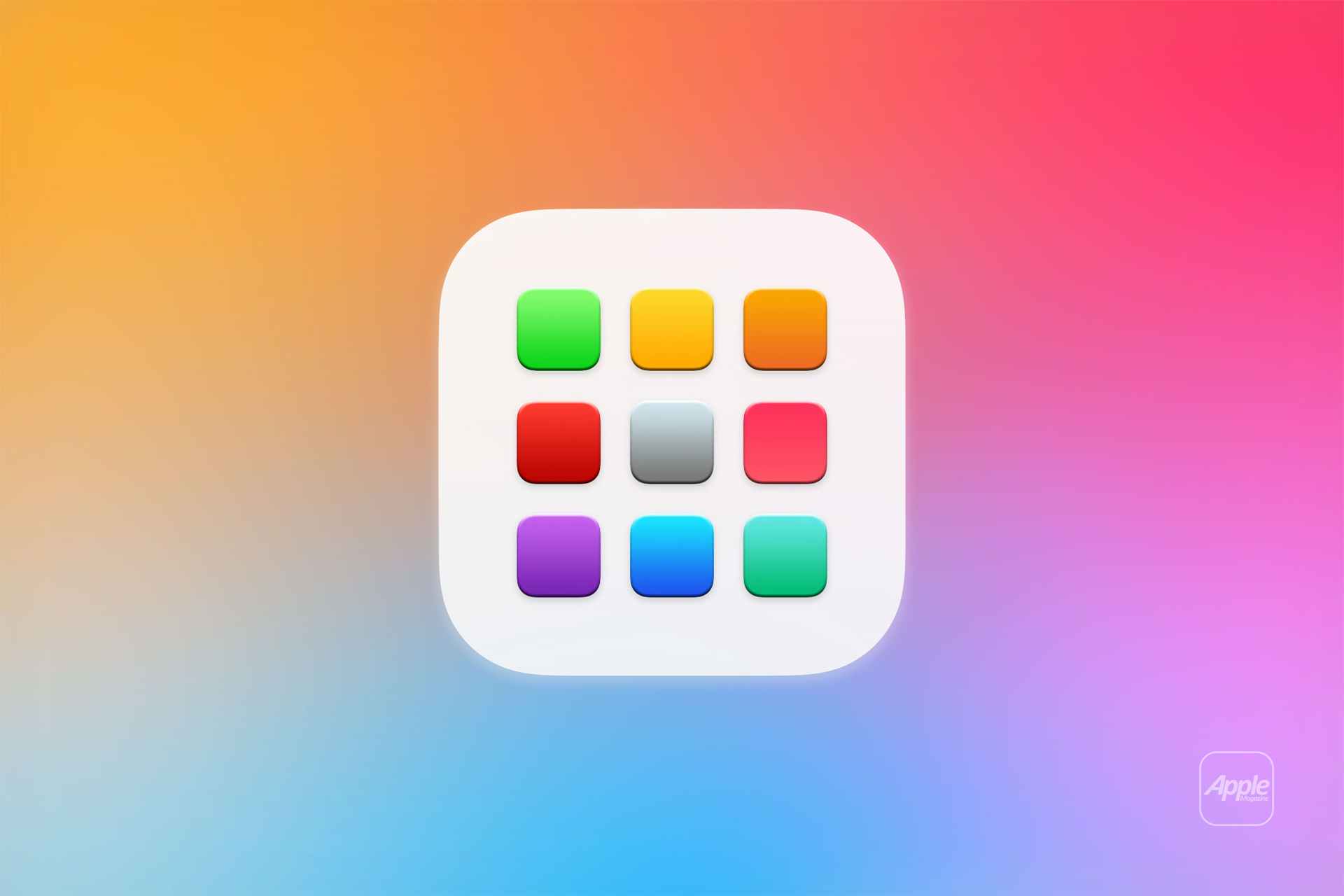 A white rounded square icon with a 4x4 grid of colorful squares on a vibrant gradient background; a small translucent Apple logo is in the bottom right corner, evoking the look of the macOS Tahoe Launchpad.